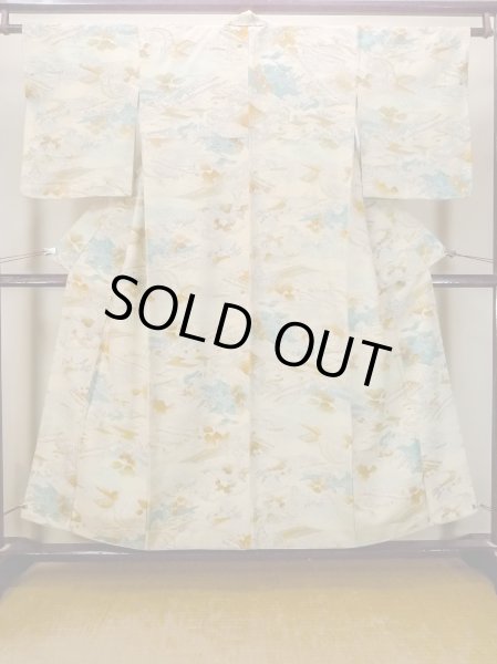 Photo1: N1112P Vintage Japanese kimono  Light Off White KOMON dyed for women / Silk. MOMIJI maple leaf,   (Grade C) (1)