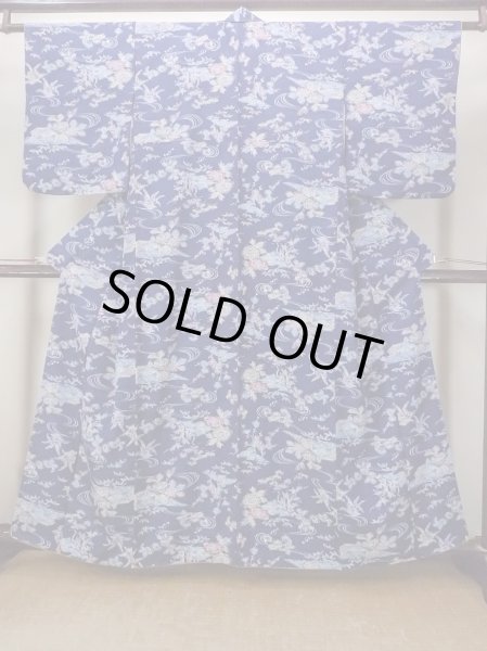 Photo1: N1112Q Vintage Japanese kimono  Dark Indigo Blue KOMON dyed for women / Silk. Flower,   (Grade B) (1)