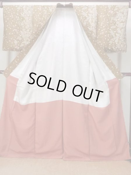 Photo2: Mint N1112S Used Japanese kimono  Yellowish Brown KOMON dyed for women / Synthetic. SAKURA cherry blossom,   (Grade A) (2)