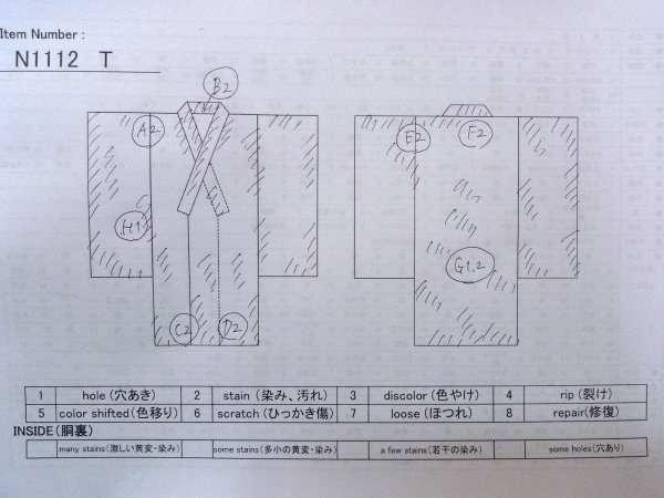 Photo13: N1112T Vintage Japanese kimono   Ivory HITOE unlined for women / Wool. Flower Stains all over.  (Grade D) (13)