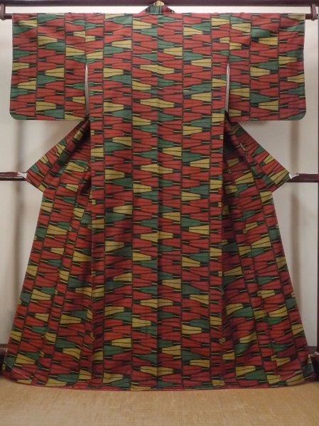 Photo1: Mint N1126C Vintage Japanese kimono  Vivid Multi Color TSUMUGI pongee for women / Silk. Folding fan There is a part of tailoring thread  (Grade A) (1)