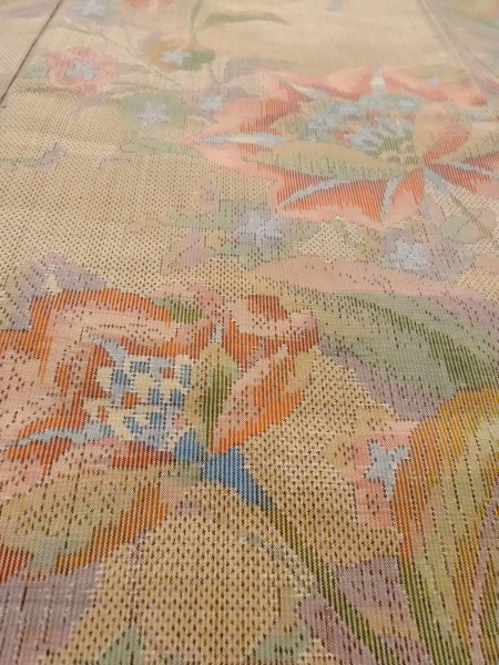 Photo9: N1126F Used Japanese kimono  Light Beige OSHIMA-TSUMUGI for women / Silk. Arabesque vine,   (Grade A) (9)