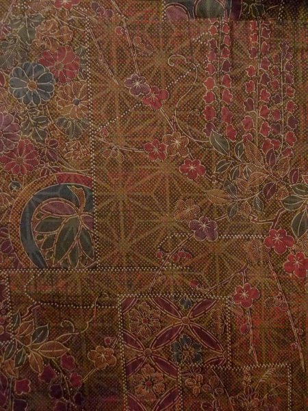 Photo4: N1126H Vintage Japanese kimono  Dark Brown TSUMUGI pongee for women / Silk. Flower,   (Grade A+) (4)
