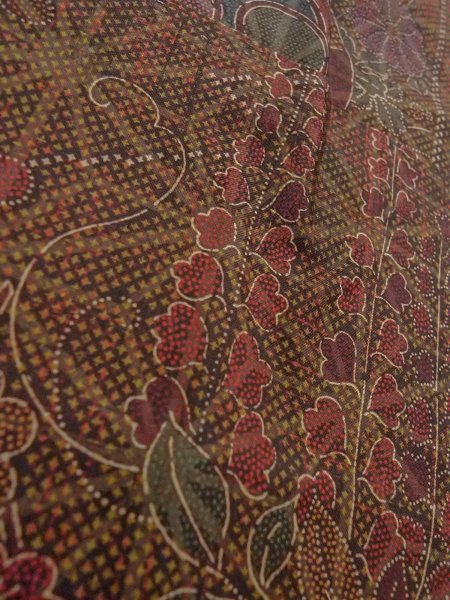 Photo8: N1126H Vintage Japanese kimono  Dark Brown TSUMUGI pongee for women / Silk. Flower,   (Grade A+) (8)