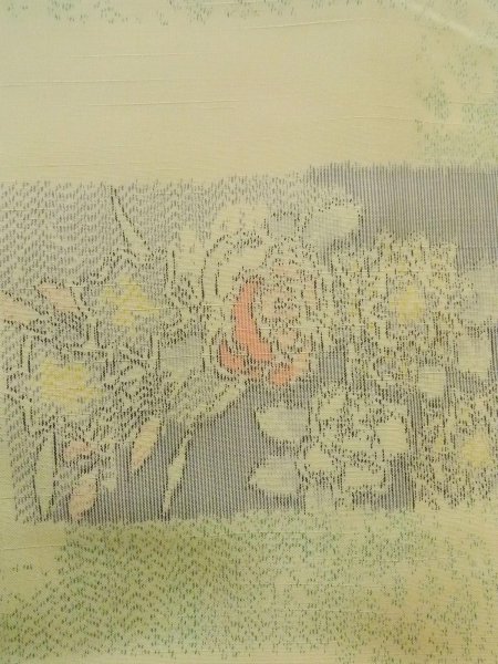 Photo5: N1126J Used Japanese kimono  Pale Yellowish Green TSUMUGI pongee for women / Silk. Flower,   (Grade B) (5)