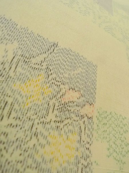 Photo9: N1126J Used Japanese kimono  Pale Yellowish Green TSUMUGI pongee for women / Silk. Flower,   (Grade B) (9)