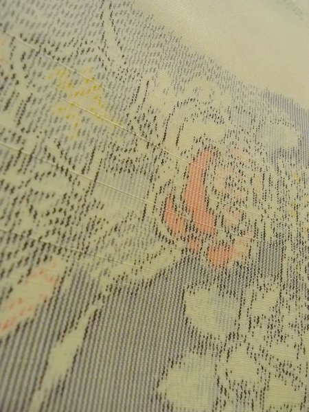 Photo10: N1126J Used Japanese kimono  Pale Yellowish Green TSUMUGI pongee for women / Silk. Flower,   (Grade B) (10)