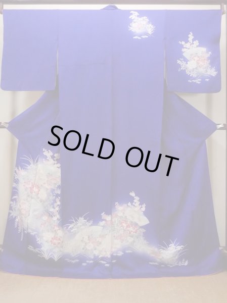 Photo1: N1126Q Vintage Japanese kimono   Blue HOUMONGI formal for women / Silk. Peony,   (Grade B) (1)