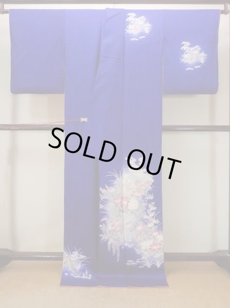 Photo2: N1126Q Vintage Japanese kimono   Blue HOUMONGI formal for women / Silk. Peony,   (Grade B) (2)