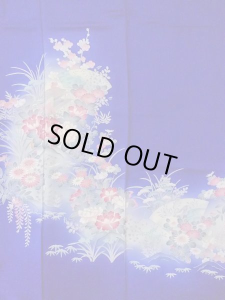 Photo4: N1126Q Vintage Japanese kimono   Blue HOUMONGI formal for women / Silk. Peony,   (Grade B) (4)