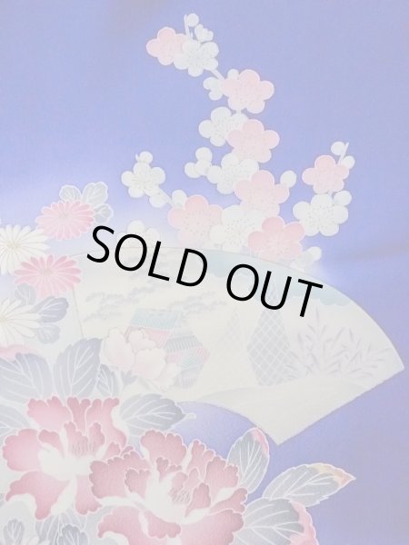 Photo8: N1126Q Vintage Japanese kimono   Blue HOUMONGI formal for women / Silk. Peony,   (Grade B) (8)