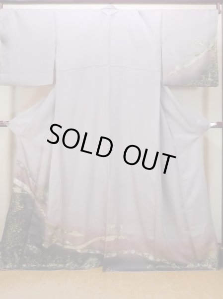 Photo1: N1126S Used Japanese kimono Pale Grayish Wisteria HOUMONGI formal for women / Silk. KIKYO Japanese balloonflower,   (Grade B) (1)