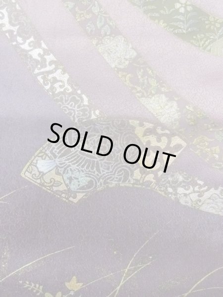 Photo7: N1126S Used Japanese kimono Pale Grayish Wisteria HOUMONGI formal for women / Silk. KIKYO Japanese balloonflower,   (Grade B) (7)