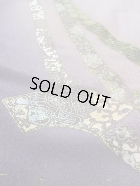 Photo12: N1126S Used Japanese kimono Pale Grayish Wisteria HOUMONGI formal for women / Silk. KIKYO Japanese balloonflower,   (Grade B) (12)