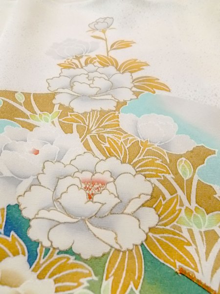 Photo12: N1126T Used Japanese kimono  Shiny Ivory HOUMONGI formal for women / Silk. SAKURA cherry blossom,   (Grade C) (12)