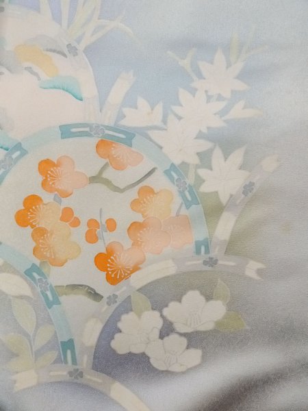 Photo9: N1126W Used Japanese kimono  Pale Light Blue HOUMONGI formal for women / Silk. SAKURA cherry blossom,   (Grade C) (9)