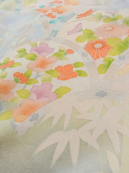 Photo12: N1126W Used Japanese kimono  Pale Light Blue HOUMONGI formal for women / Silk. SAKURA cherry blossom,   (Grade C) (12)