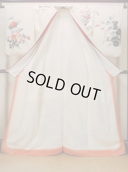 Photo3: N1127A Used Japanese kimono   Ivory HOUMONGI formal for women / Silk. Flower,   (Grade C) (3)