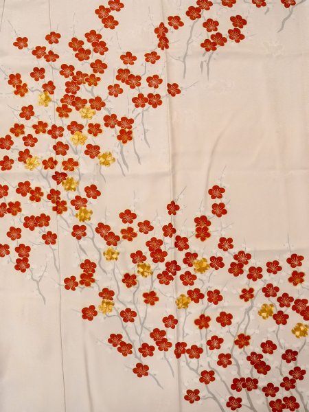 Photo9: N1127D Used Japanese kimono  Pale Pink FURISODE long-sleeved for women / Silk. UME plum bloom   (Grade B) (9)