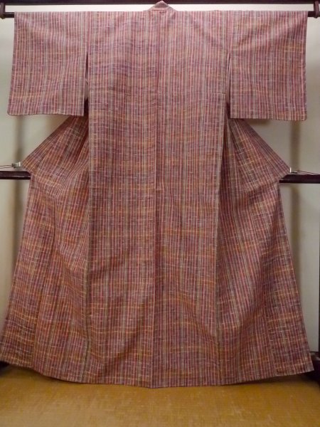 Photo1: N1210A Vintage Japanese kimono   Multi Color HITOE unlined for women / Wool. Plaid Checks   (Grade D) (1)