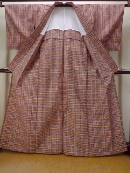 Photo2: N1210A Vintage Japanese kimono   Multi Color HITOE unlined for women / Wool. Plaid Checks   (Grade D) (2)