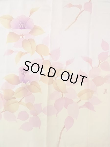 Photo4: N1210K Used Japanese kimono  Light Ivory HOUMONGI formal for women / Silk. Camellia,   (Grade B) (4)