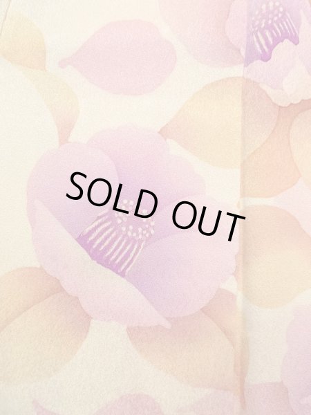 Photo6: N1210K Used Japanese kimono  Light Ivory HOUMONGI formal for women / Silk. Camellia,   (Grade B) (6)