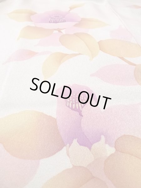 Photo15: N1210K Used Japanese kimono  Light Ivory HOUMONGI formal for women / Silk. Camellia,   (Grade B) (15)