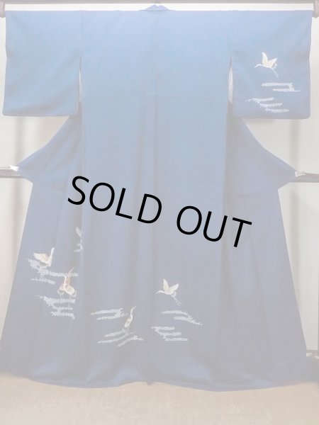 Photo1: N1210N Vintage Japanese kimono   Navy Blue TSUKESAGE formal for women / Silk. Crane,   (Grade B) (1)