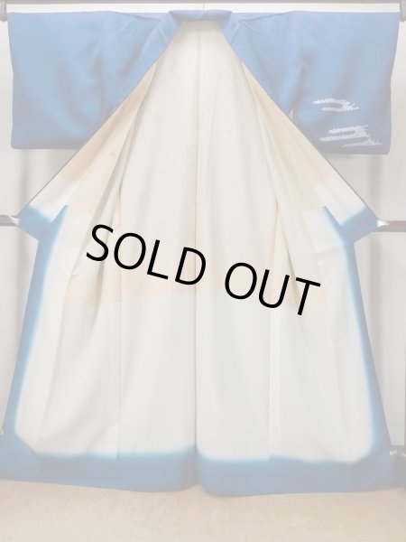 Photo2: N1210N Vintage Japanese kimono   Navy Blue TSUKESAGE formal for women / Silk. Crane,   (Grade B) (2)