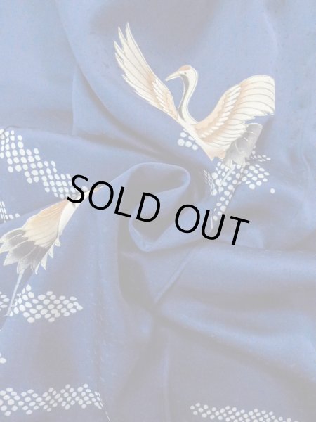 Photo13: N1210N Vintage Japanese kimono   Navy Blue TSUKESAGE formal for women / Silk. Crane,   (Grade B) (13)