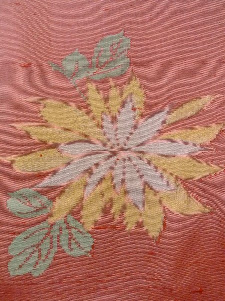 Photo5: N1210P Vintage Japanese kimono  Pale Coral TSUMUGI pongee for women / Silk. Chrysanthemum   (Grade C) (5)
