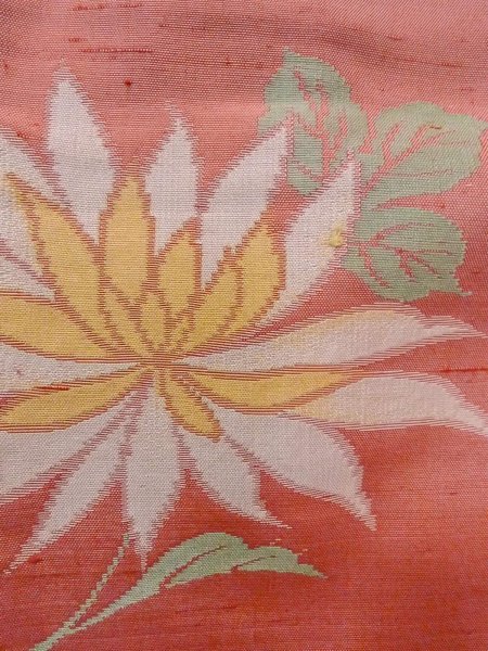 Photo7: N1210P Vintage Japanese kimono  Pale Coral TSUMUGI pongee for women / Silk. Chrysanthemum   (Grade C) (7)