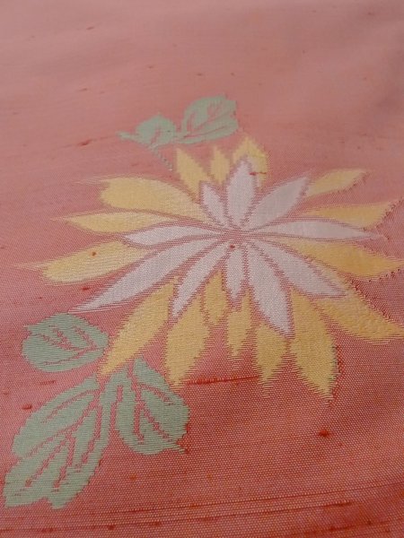 Photo9: N1210P Vintage Japanese kimono  Pale Coral TSUMUGI pongee for women / Silk. Chrysanthemum   (Grade C) (9)