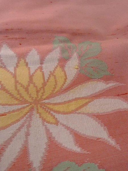 Photo11: N1210P Vintage Japanese kimono  Pale Coral TSUMUGI pongee for women / Silk. Chrysanthemum   (Grade C) (11)