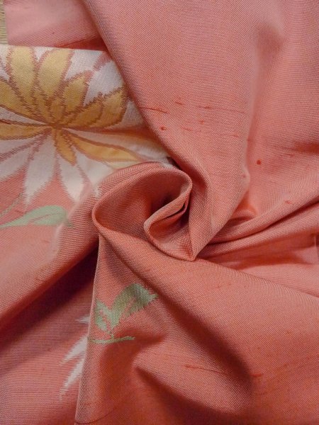 Photo13: N1210P Vintage Japanese kimono  Pale Coral TSUMUGI pongee for women / Silk. Chrysanthemum   (Grade C) (13)