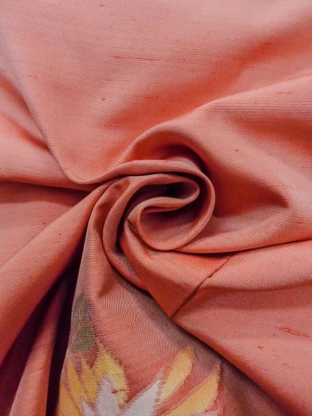 Photo14: N1210P Vintage Japanese kimono  Pale Coral TSUMUGI pongee for women / Silk. Chrysanthemum   (Grade C) (14)