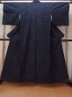 Photo1: Mint N1210R Used Japanese kimono  Dark Indigo Blue TSUMUGI pongee for women / Silk. Flower,   (Grade A) (1)