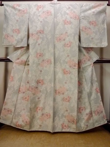 Photo1: N1210S Used Japanese kimono  Pale Multi Color TSUMUGI pongee for women / Silk. Flower   (Grade B) (1)