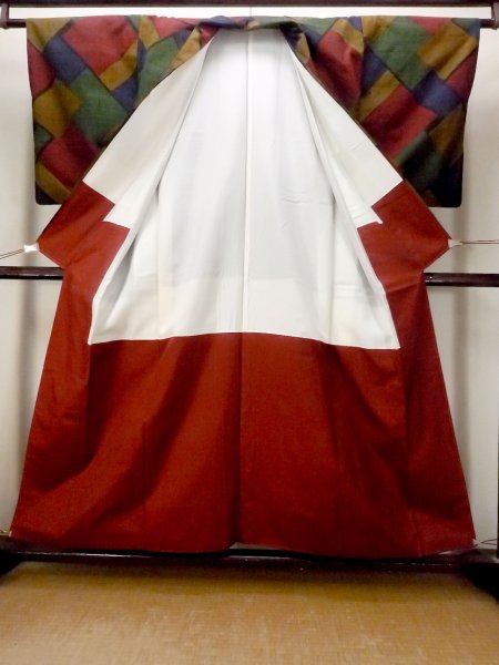 Photo2: Mint N1210T Used Japanese kimono  Dark Multi Color TSUMUGI pongee for women / Silk. Quadrangle,   (Grade A) (2)