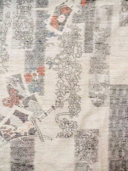 Photo3: N1210V Used Japanese kimono   Ivory TSUMUGI pongee for women / Silk. Flower,   (Grade C) (3)