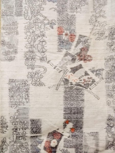 Photo4: N1210V Used Japanese kimono   Ivory TSUMUGI pongee for women / Silk. Flower,   (Grade C) (4)