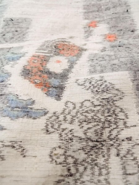 Photo9: N1210V Used Japanese kimono   Ivory TSUMUGI pongee for women / Silk. Flower,   (Grade C) (9)