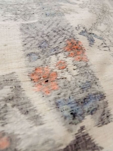 Photo10: N1210V Used Japanese kimono   Ivory TSUMUGI pongee for women / Silk. Flower,   (Grade C) (10)