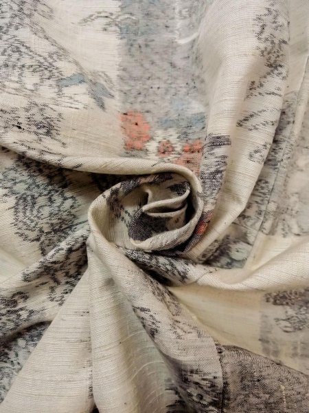 Photo11: N1210V Used Japanese kimono   Ivory TSUMUGI pongee for women / Silk. Flower,   (Grade C) (11)