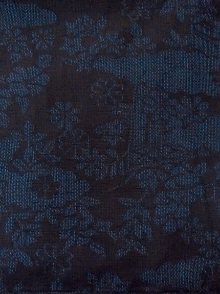 Photo3: N1210W Used Japanese kimono  Dark Indigo Blue TOKAMACHI-TSUMUGI for women / Silk. Chrysanthemum,   (Grade B) (3)
