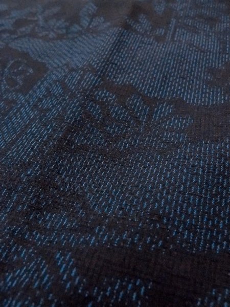 Photo10: N1210W Used Japanese kimono  Dark Indigo Blue TOKAMACHI-TSUMUGI for women / Silk. Chrysanthemum,   (Grade B) (10)