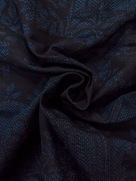 Photo12: N1210W Used Japanese kimono  Dark Indigo Blue TOKAMACHI-TSUMUGI for women / Silk. Chrysanthemum,   (Grade B) (12)