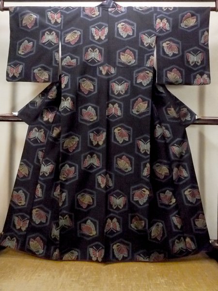 Photo1: N1210X Used Japanese kimono   Black TSUMUGI pongee for women / Silk. Butterfly,   (Grade B) (1)