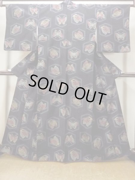 Photo2: N1210X Used Japanese kimono   Black TSUMUGI pongee for women / Silk. Butterfly,   (Grade B) (2)